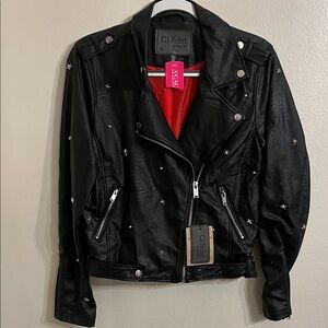 Ci Sono Black Faux Leather Moto Jacket with Silver Star Stud Accents - Medium